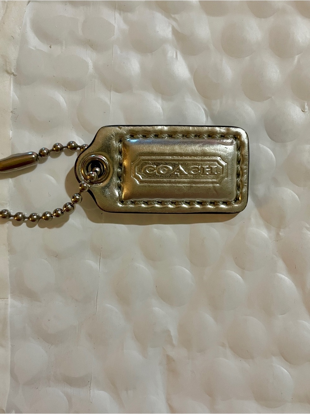 Coach Metallic Silver Leather Tag Charm with Ball Chain